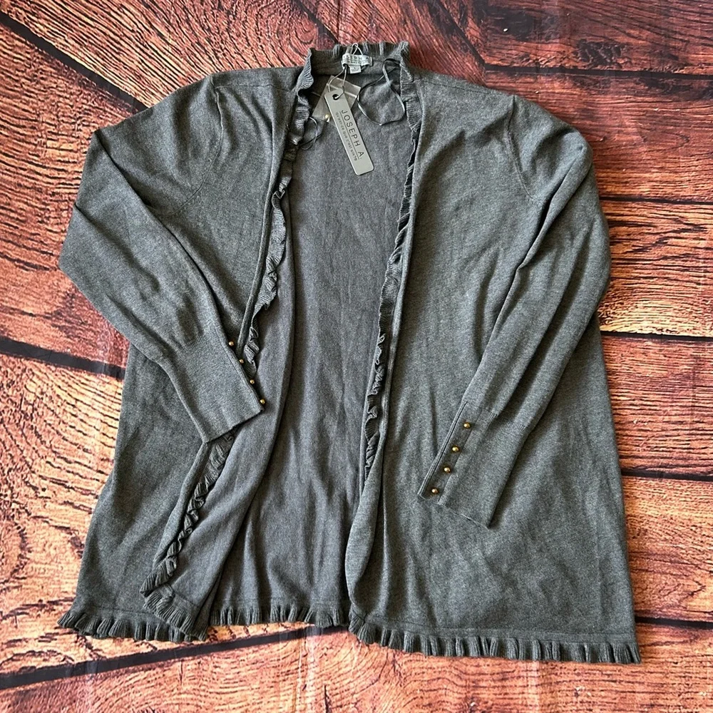 JOSEPH A‎ Women Charcoal Gray Ruffle Long Sleeve Open Front Cardigan Sweater L
